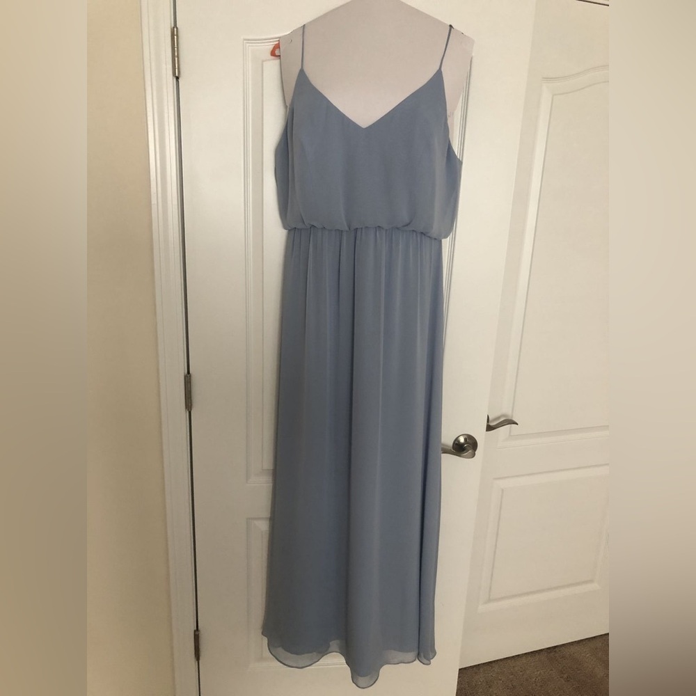 Dessy 1505 Bridesmaid Dress Cloudy Blue Gray Size 2 After Six Chiffon Maxi Gown